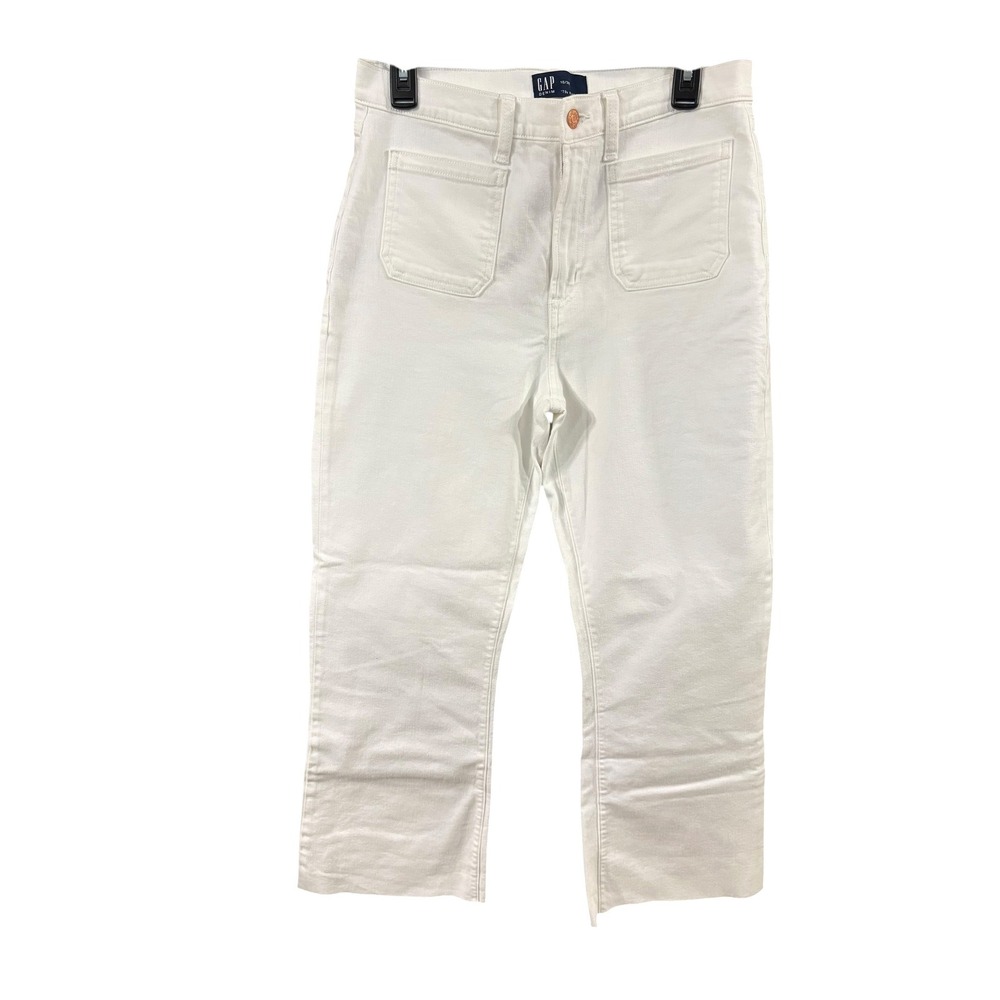 Gap Denim 70s Flare Jeans White High Rise Front Patch Pocket Raw Hem Size 10/30L